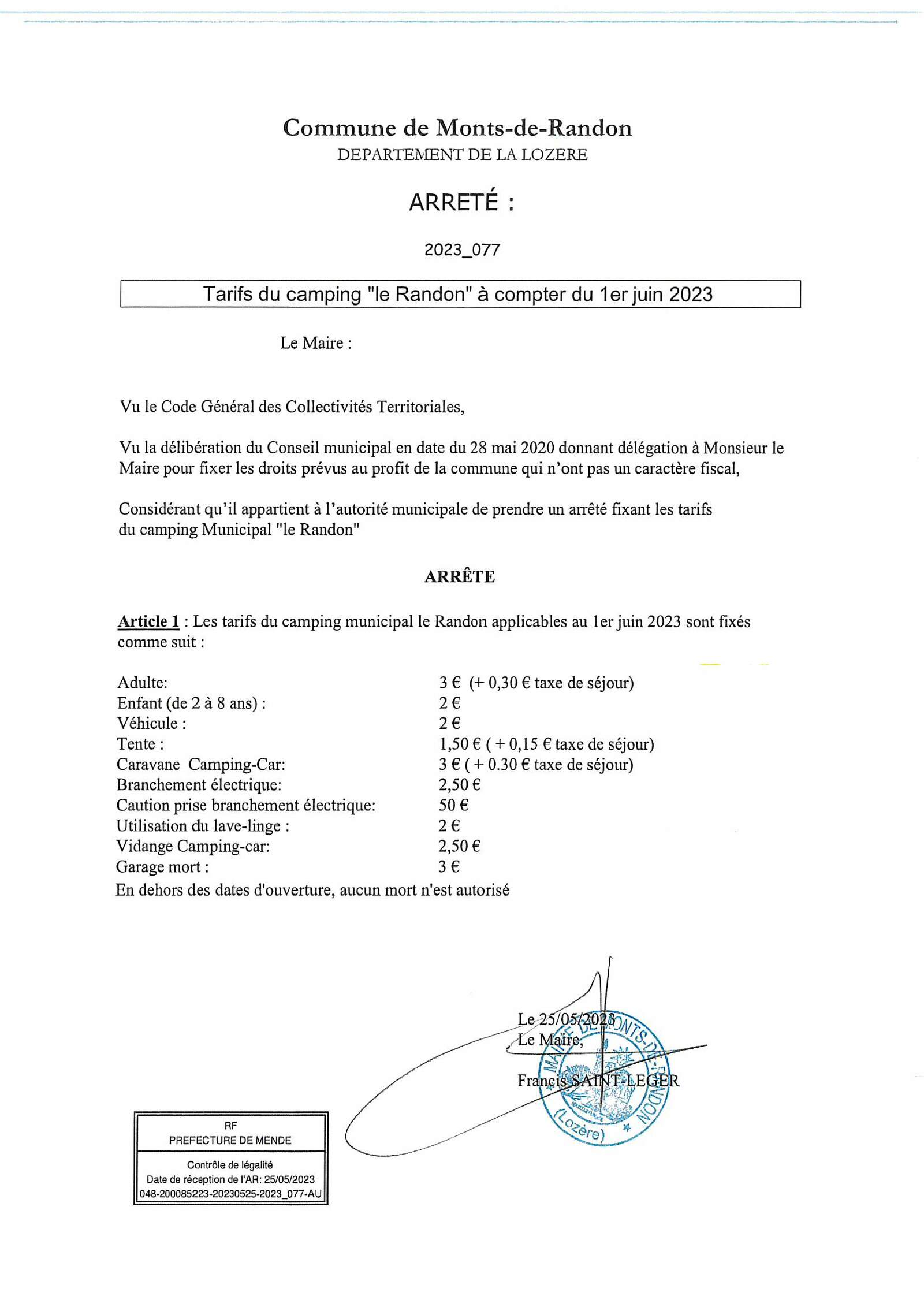 Tarifs du camping du randon